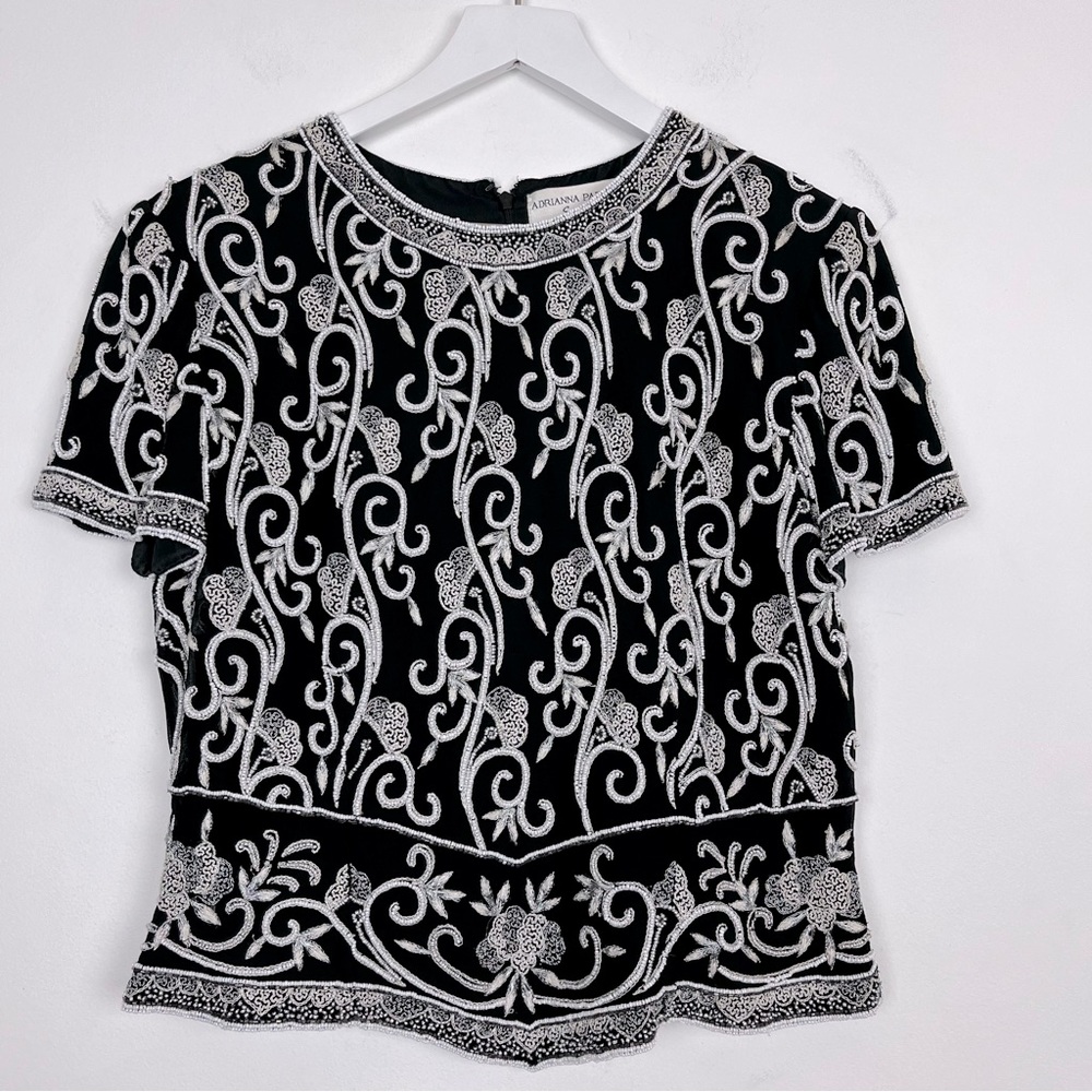 Adrianna Papell Boutique Evening Silk Black White Floral Embroidered Beaded Top